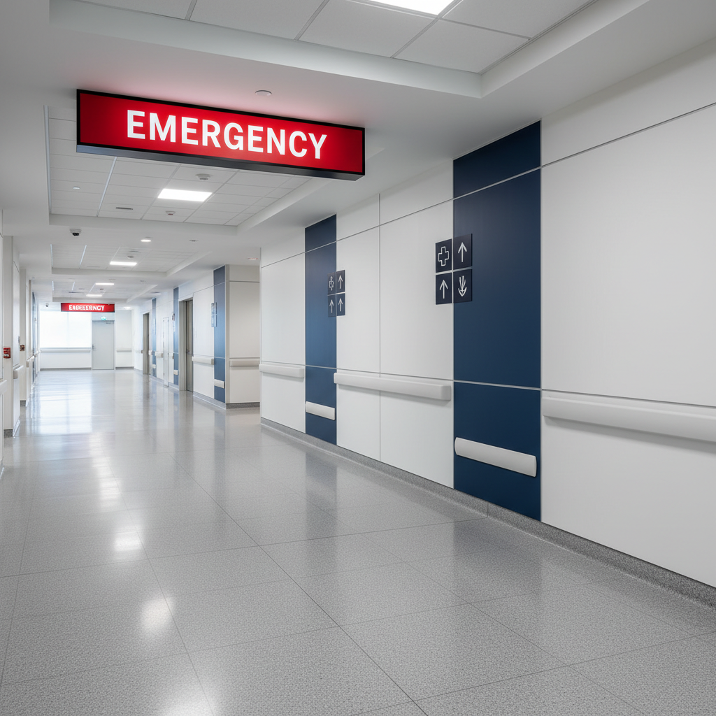 A red emergency department sign in a modern hospital corridor