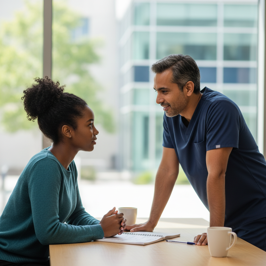 A physician mentor and pre-med mentee talking over an open notebook