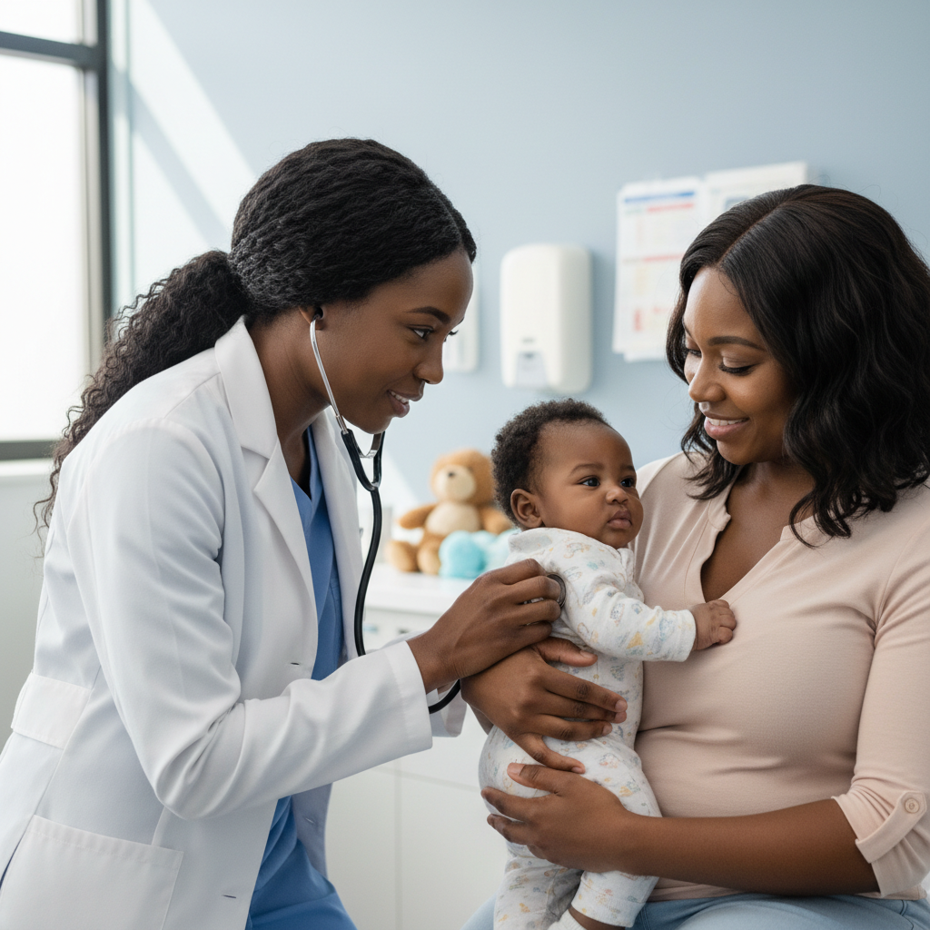 A Black female physician listening to a Black infant's heart with a stethoscope