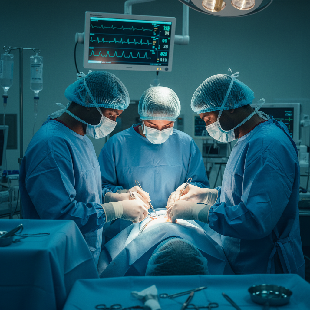 A masked surgical team working together in a clean operating room